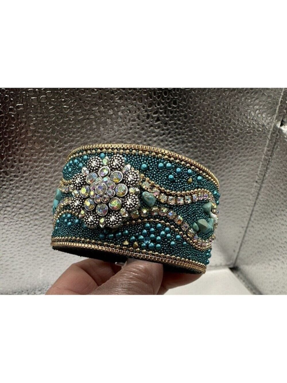 Turquoise & Gold Boho Cuff Bracelet w/ Sparkling Round 18mm Ginger Snap! NWT
